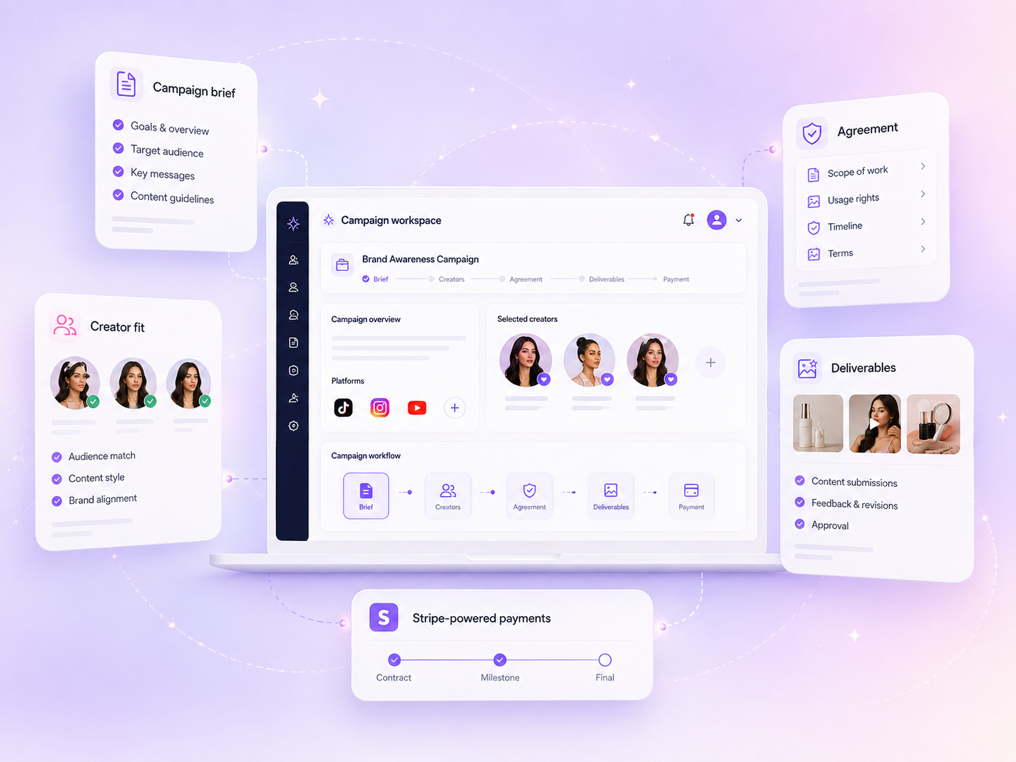 Infloria business workspace product UI demonstration with safe demo data